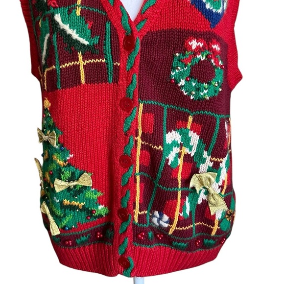 Jennifer Moore Festive Ugly Christmas Sweater Vest Women's L Red Hand Knitted - Picture 11 of 17